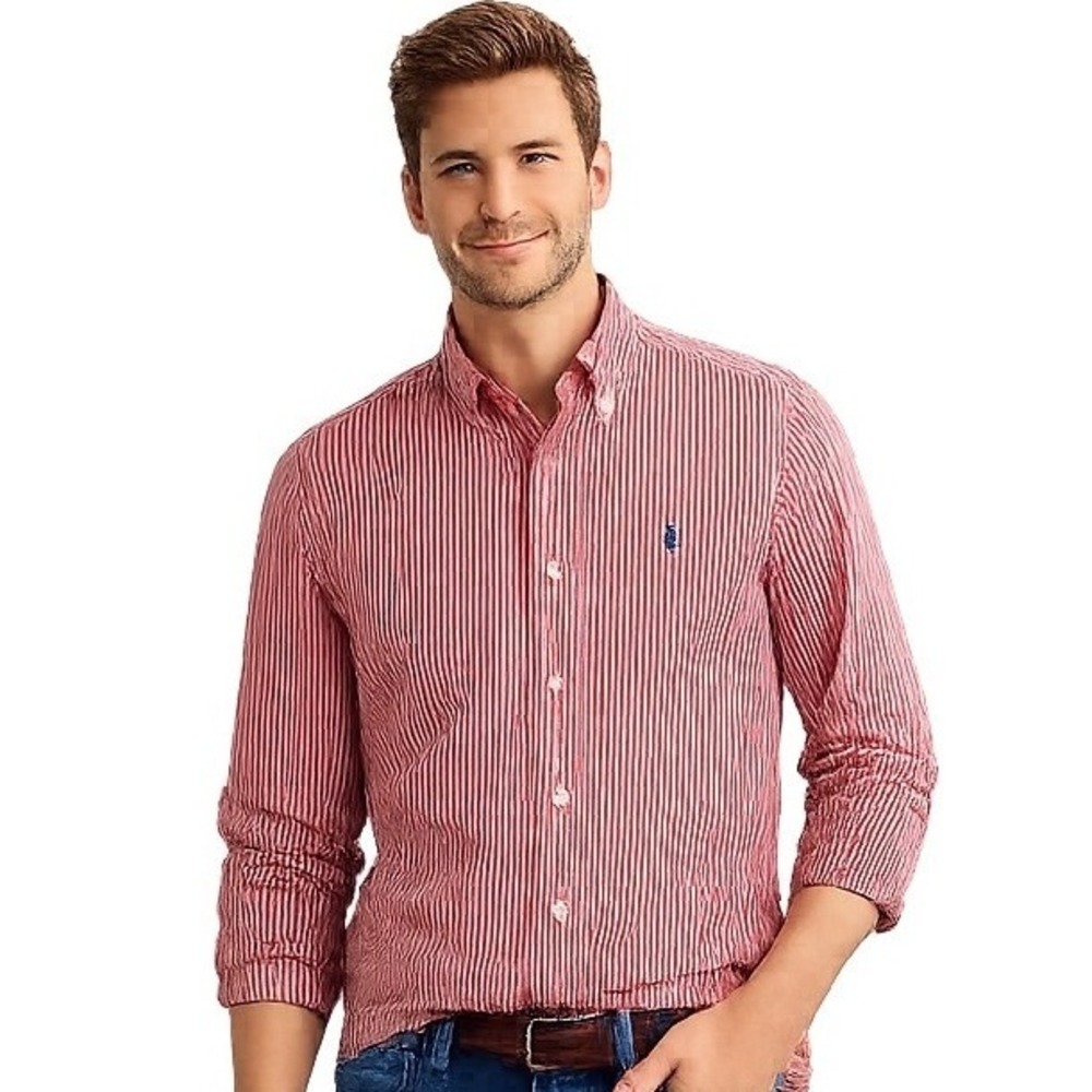 Ralph Lauren Button Down Shirt 17.5 32/33 Red White Striped Classic Fit Cotton
